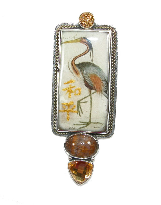 31800 Hand Made Tile Crane Gold Leaf Pin Pendant