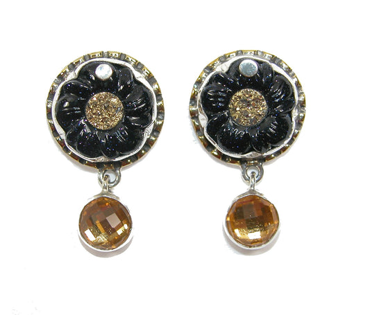 31805 Gold Stone, Gold Clad Drusy Agate, Gold Under Quartz Sterling Silver Earrings