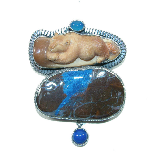 31806 Hand Carved Fossil Ivory Bear, Boulder Opal, Blue Lapis Sterling Silver Pin and Pendant