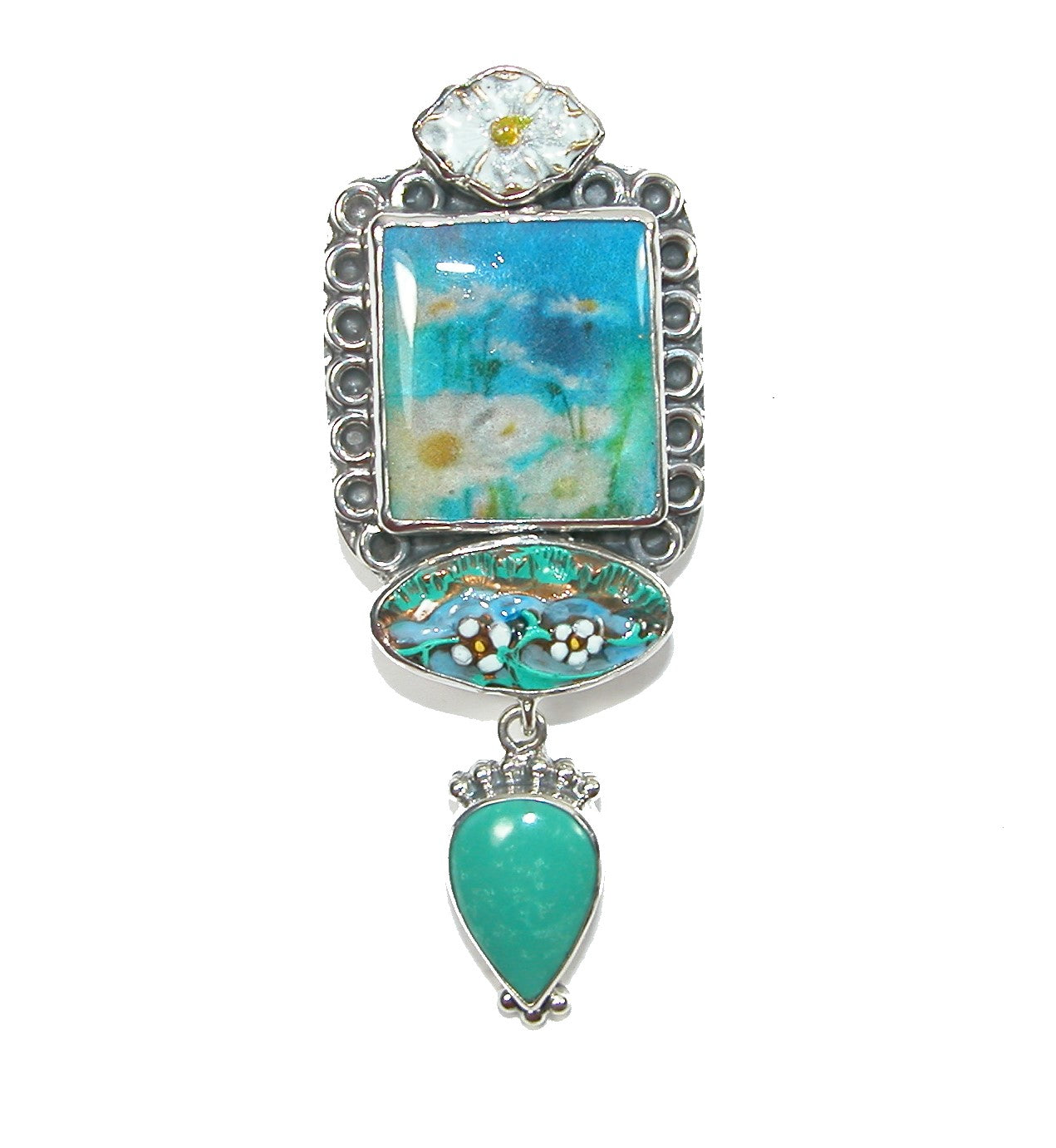 31807 Glass with Hand Enameled floral and Handmade Tile Sterling Silver Pin Pendant