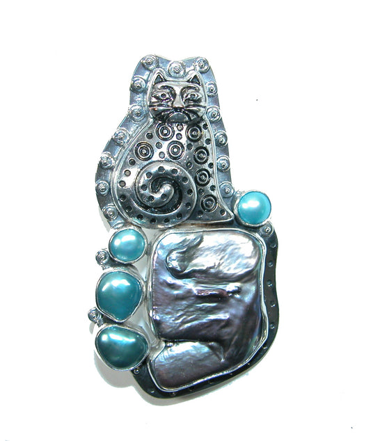 Abalone and Freshwater Pearl with Sterling Silver Cat Pin and Pendant