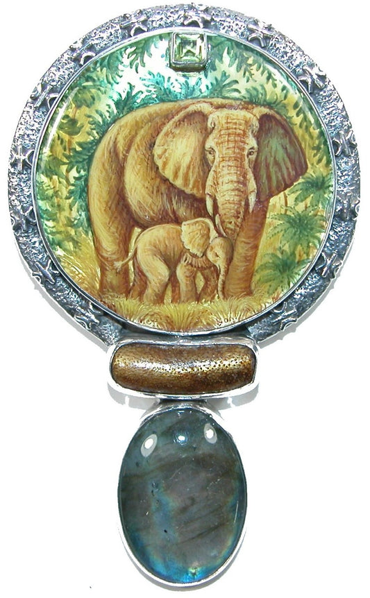 Hand Painted Elephants Labradorite Sterling Silver Pin Pendant