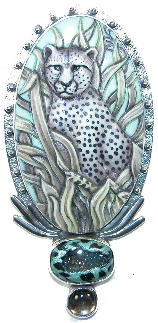 Hand Carved Leopard Animal Print Enamel Drusy Agate Sterling Silver Pin Pendant