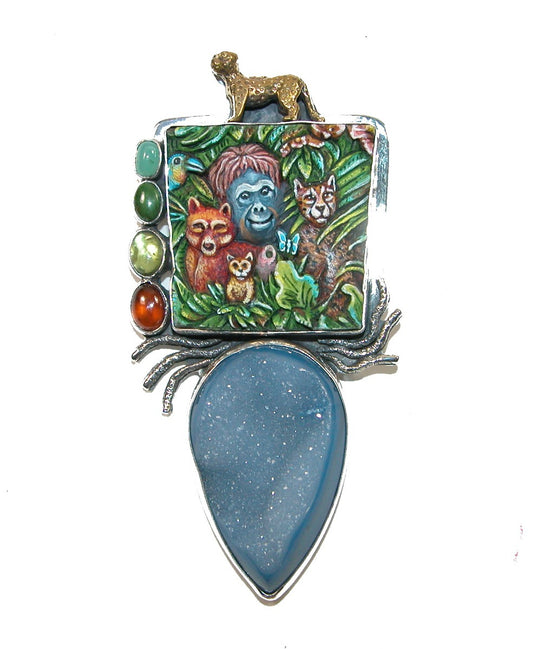 31816 Hand Carved Animal Kingdom Drusy Agate Sterling Silver Pin Pendant