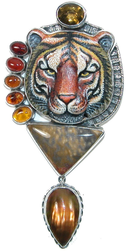 Hand Carved Tiger Amber Whisky Quartz Sterling Silver Pin Pendant