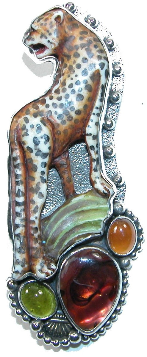 31821 Hand Carved Leopard Hessonite Vesuvianite Sterling Silver Pin Pendant