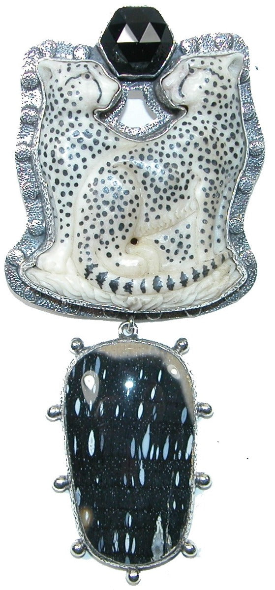 Hand Carved Leopards Onyx Petrified Palmwood Sterling Silver Pin Pendant