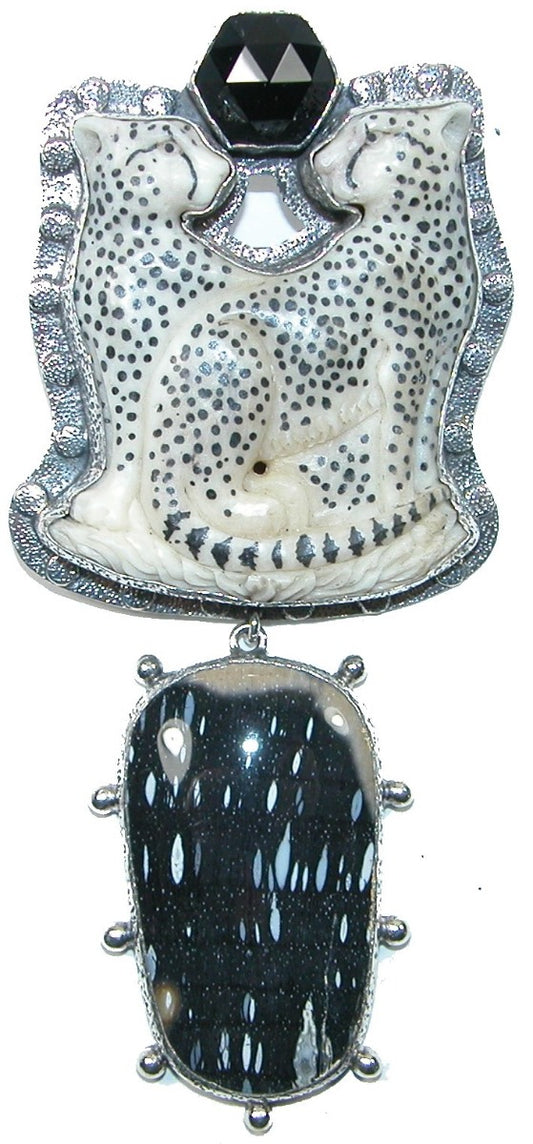 Hand Carved Leopards Onyx Petrified Palmwood Sterling Silver Pin Pendant