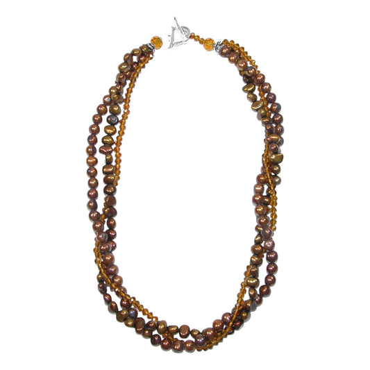 31831 Freshwater Pearl Three Strand Beaded Sterling Silver Necklace