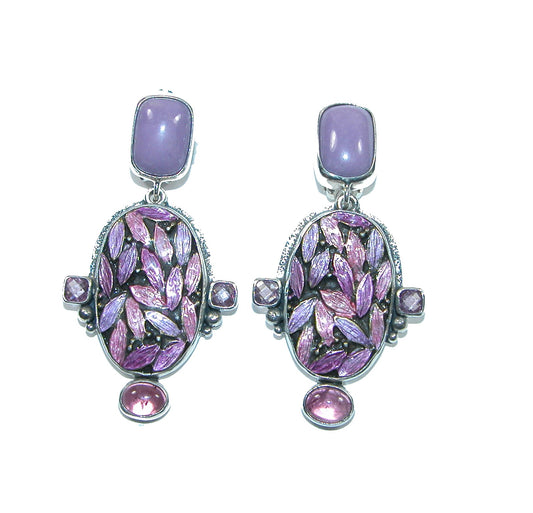 Hand Enameled Abstract Phosphosiderite, Pink Quartz, Hand Enamel Sterling Silver Earrings