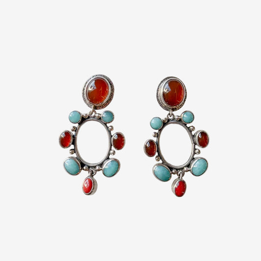 31854 Turquoise, Carnelian, Sea Bamboo, Sterling Silver Earrings