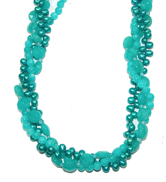 Fresh Water Pearl, Blue Quartz and Crystal 3 Strand Necklace