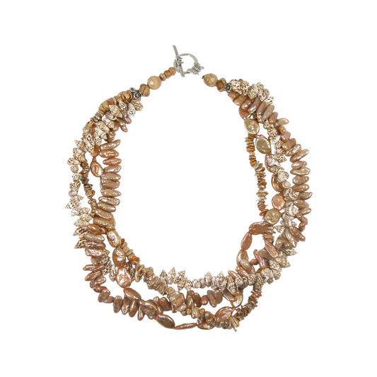 Pyrite, Freshwater Pearl, Jasper Beaded Multistrand Sterling Silver Necklace