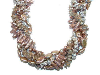 31874 Pyrite, Freshwater Pearl, Jasper Beaded Multistrand Sterling Silver Necklace