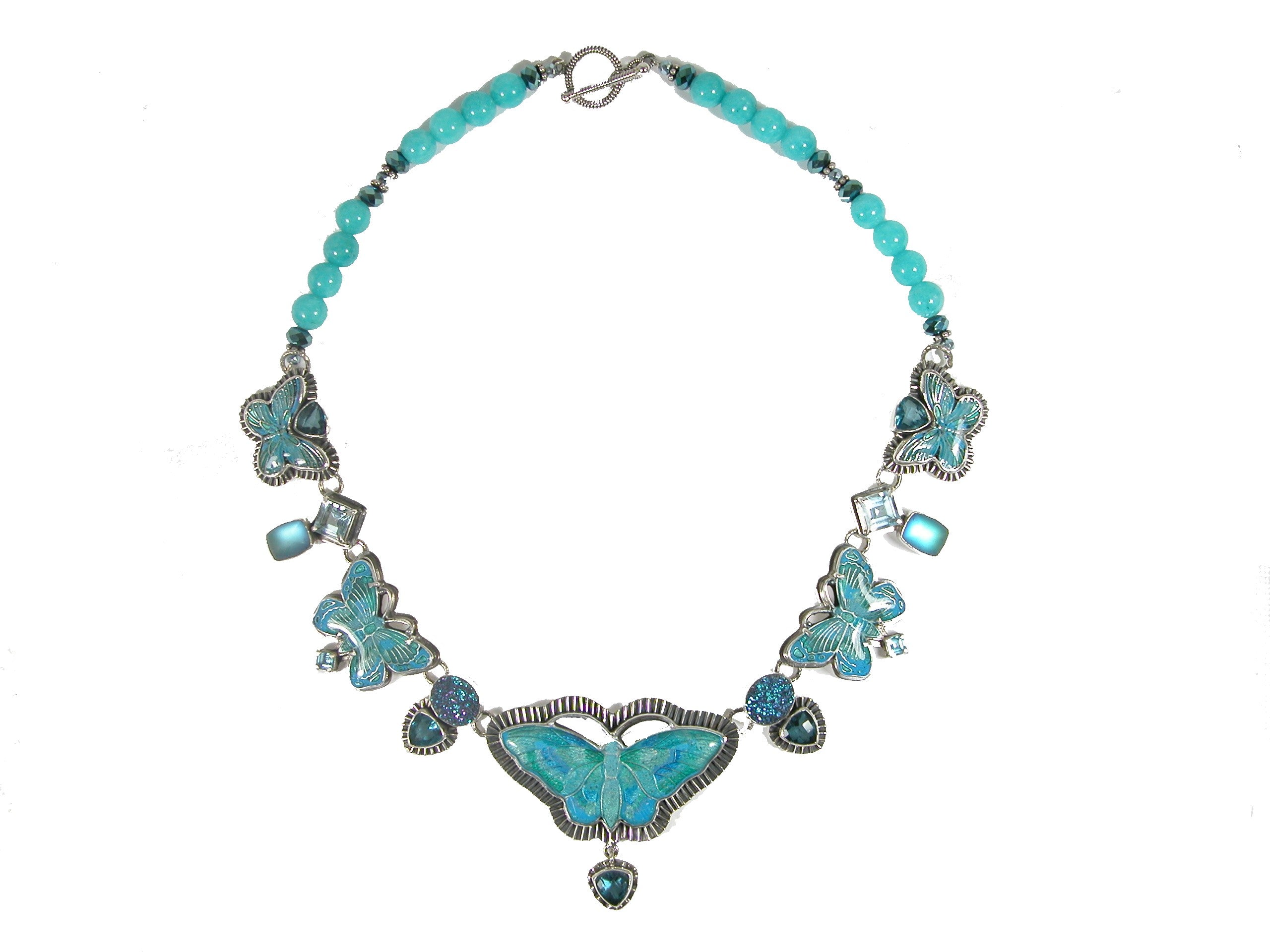 Hand Enameled Butterfly Necklace Turquoise Beaded Sterling Silver Togg ...