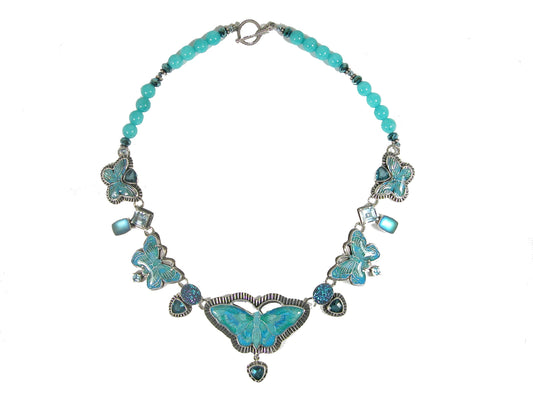 Hand Enameled Butterfly Necklace Turquoise Beaded Sterling Silver Toggle Necklace