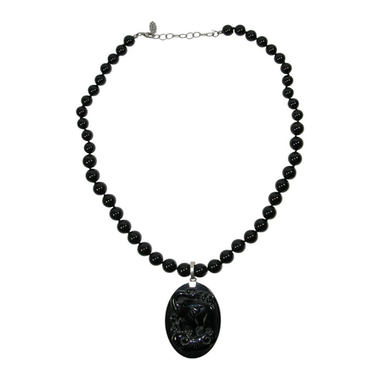 31877A Carved Horse Elephant Black Onyx Beaded Sterling Silver Necklace
