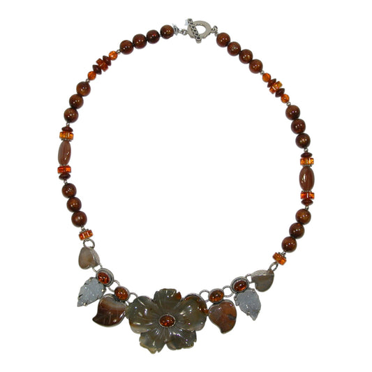 31885 Carved Flower, Amber, Drusy Agate, Carnelian Sterling Silver Beaded Necklace