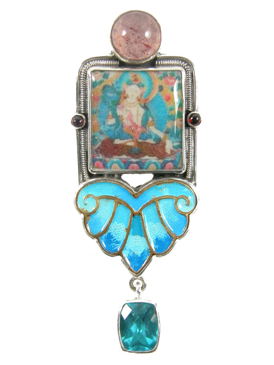 31888 Pink & Blue Hand Enamel Tile Blue Topaz Pin and Pendant