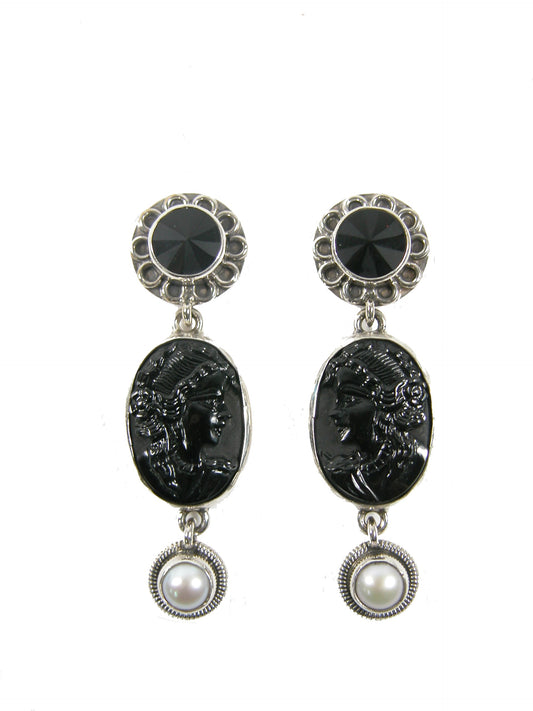 Carved Black Onyx, Freshwater Pearl Sterling Silver Earrings 31889