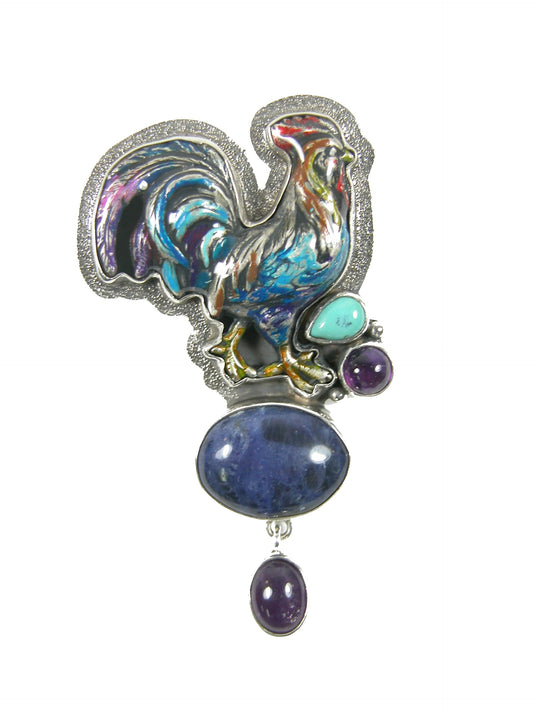 31897 Hand Enamel Rooster, Lapis, Amethyst, Turquoise Sterling Silver Pin and Pendant