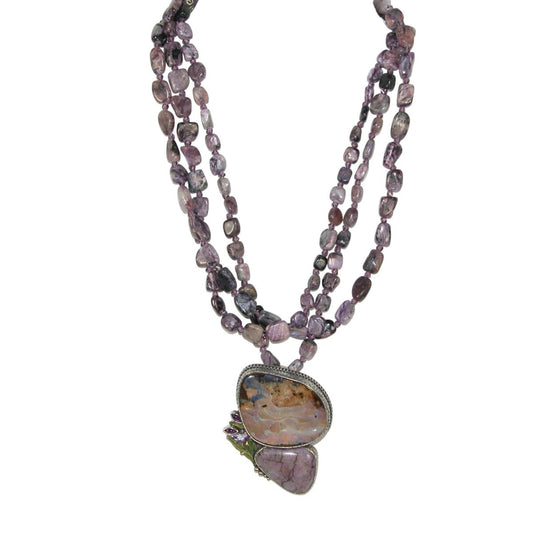 Boulder Opal Pendant on Charoite Beads Necklace