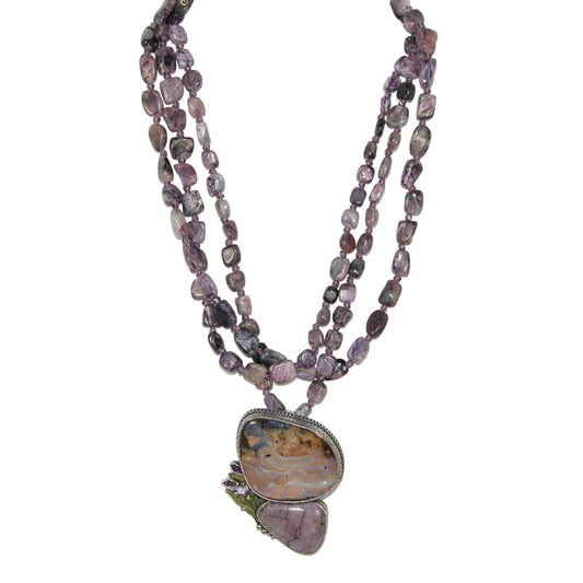 Boulder Opal, Amethyst, Charoite Beaded Sterling Silver Necklace