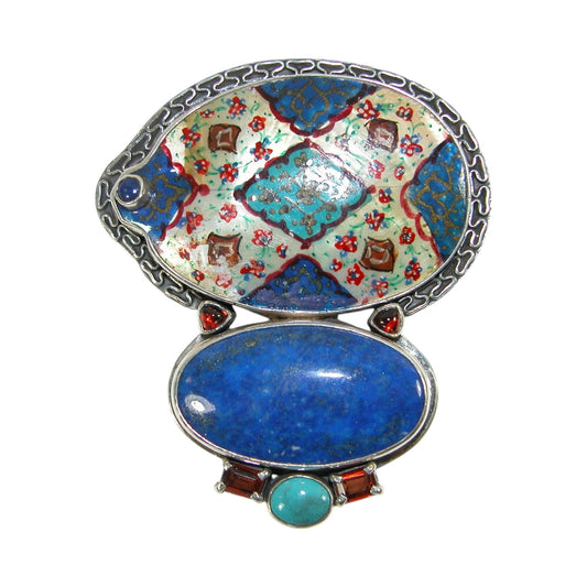 31901 Hand Painted, Blue Lapis, Turquoise Sterling Silver Pin and Pendant