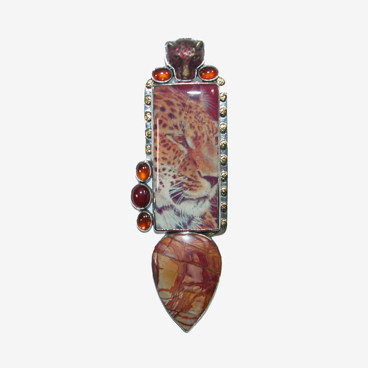 31909 Carnelian, Hessonite, Jasper Hand Made Tile Sterling Silver Pin and Pendant