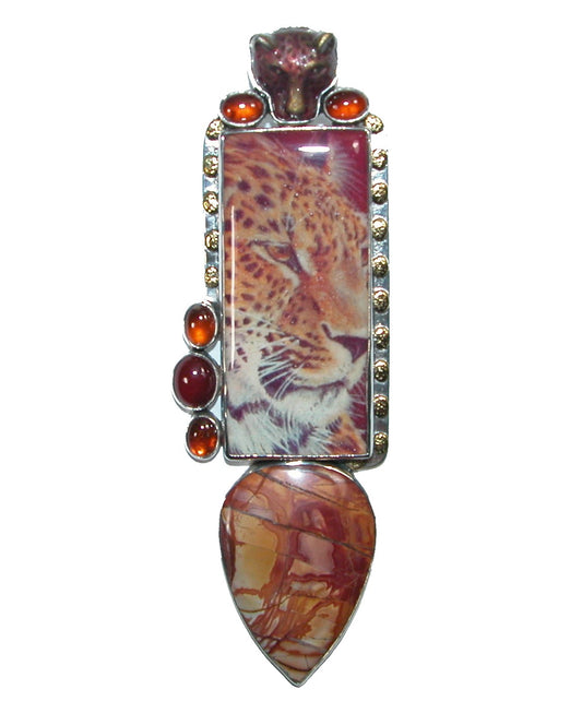 31909 Carnelian, Hessonite, Jasper Hand Made Tile Sterling Silver Pin and Pendant