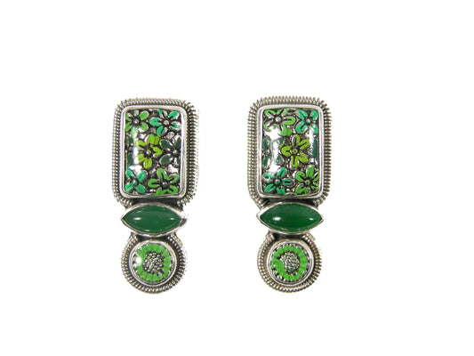 31923 Green Floral Enamel, Green Onyx Sterling Silver Earrings