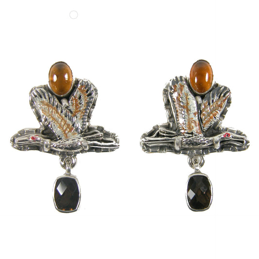 31915 Hand Enamel Crane Hessonite Sterling Silver Earrings