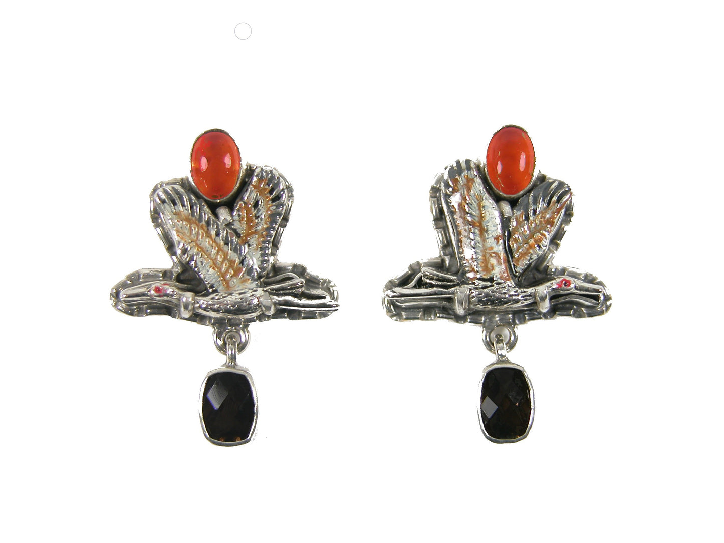 31925L Enemaled Crane Onyx Hessonite Lever Back Sterling Silver Earring