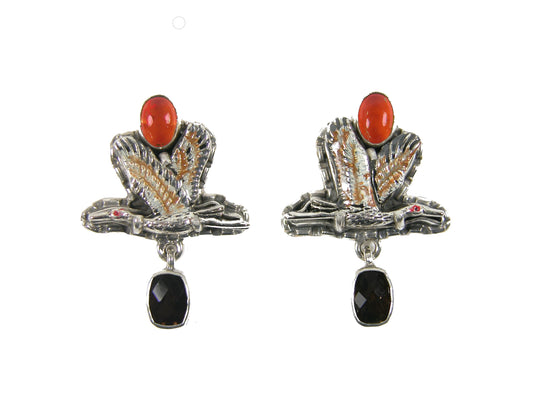 31925L Enemaled Crane Onyx Hessonite Lever Back Sterling Silver Earring