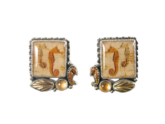 31928 Hand Made Seahorse Tile, Hessonite Sterling Silver Earrings