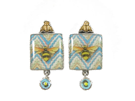 Hand Enameled, Handmade Bee Tile Sterling Silver Earrings