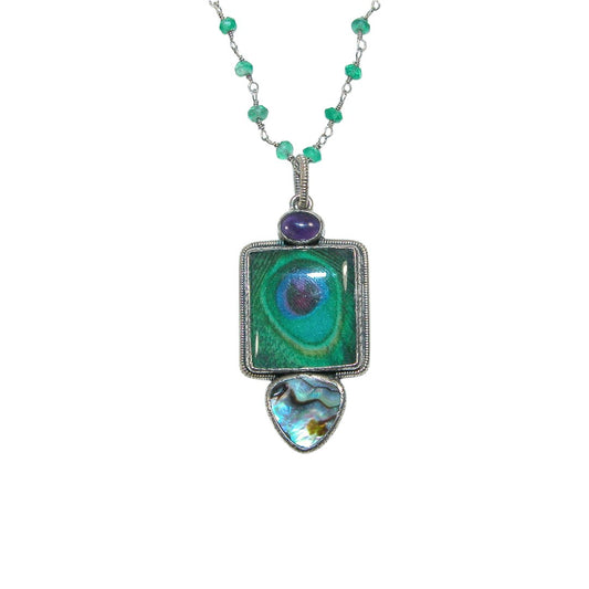 31941 Hand Made Tile, Abalone, Green Onyx Beaded Sterling Silver Necklace
