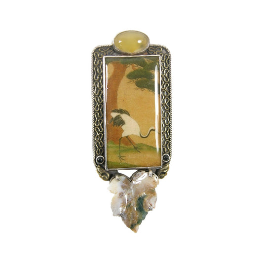 31942 Hand Made Crane Tile, Agate Sterling Silver Pin and Pendant