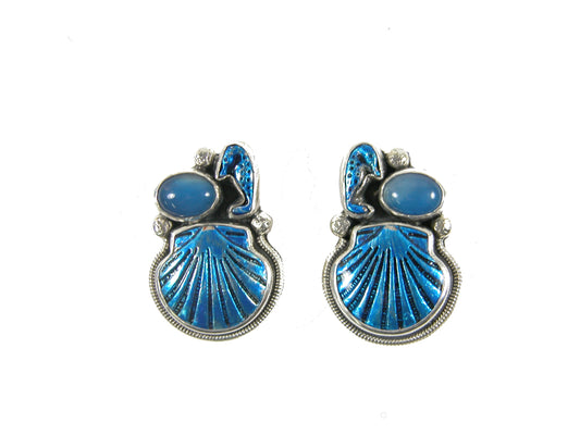 31947 Hand Enameling Seashell, Blue Onyx Sterling Silver Earrings