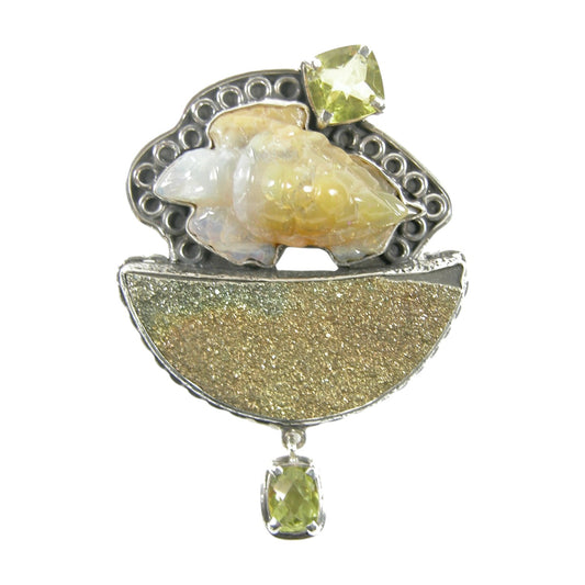 Hand Carved Turtle, Drusy, Peridot Sterling Silver Pin and Pendant