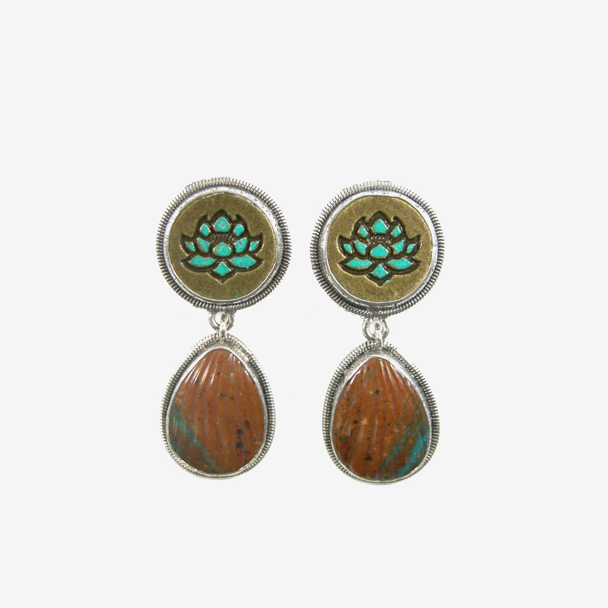 31950 Turquoise, Hand Enameled Lotus Sterling Silver Earrings