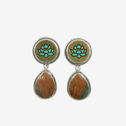 31950 Turquoise, Hand Enameled Lotus Sterling Silver Earrings