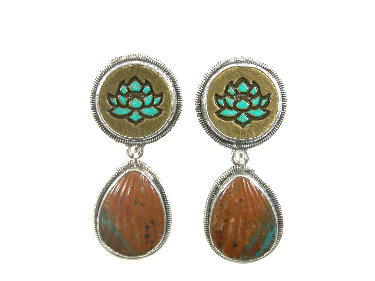 31950 Turquoise and Hand Enameled Lotus Sterling Silver Dangle Earrings