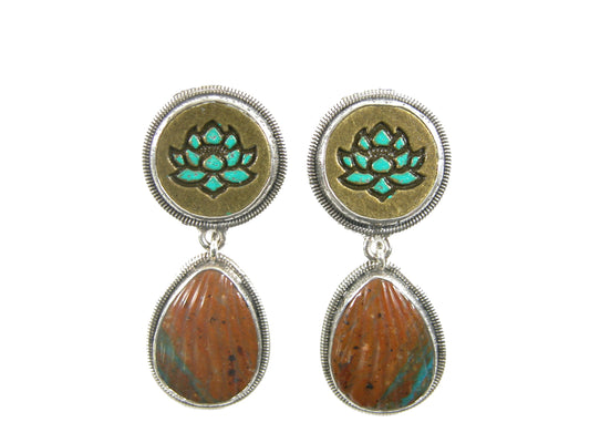 31950 Turquoise and Hand Enameled Lotus Sterling Silver Dangle Earrings
