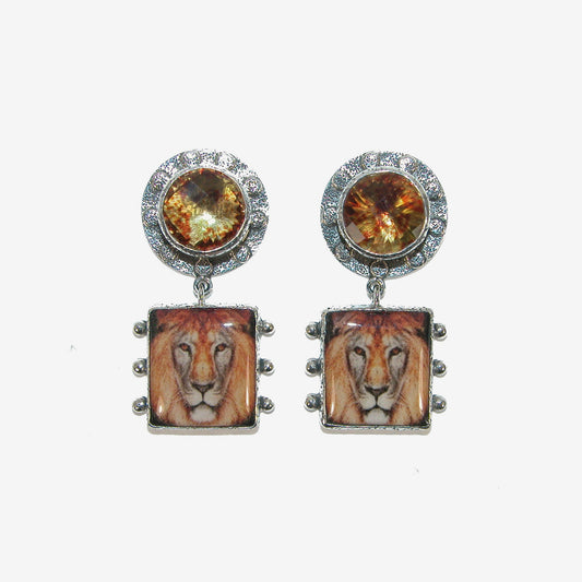 31952 Enamel in Quartz, Handmade Tile Lion, Sterling Silver Earrings