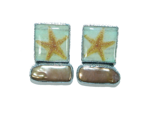 Freshwater Pearl Starfish Tile Sterling Silver Earrings