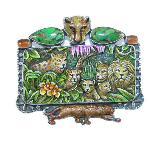 31968 Carved Leopard Hand Enamel, Turquoise Sterling Silver Pin and Pendant