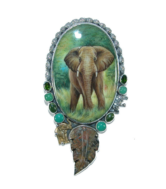 Painted Elephant Turquoise Sterling Pin Pendant