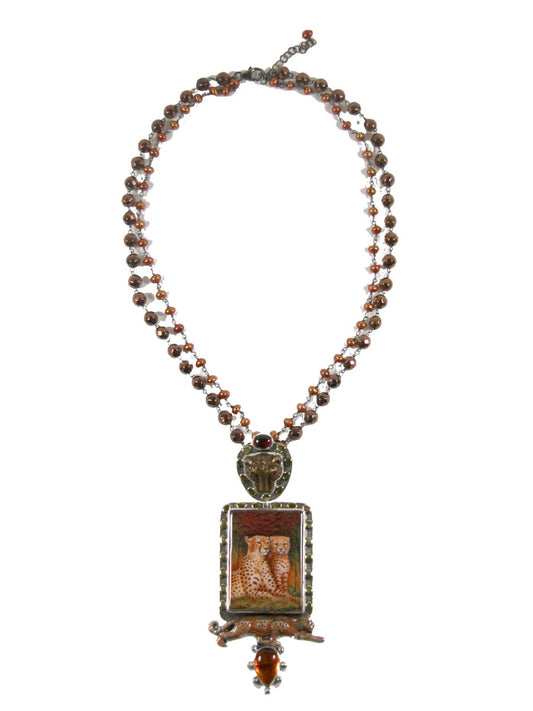 Hand Painted Leopard Miniature on Black Onyx Necklace