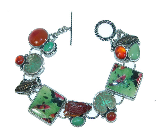 Carnelian, Hand Made Tile Koi Fish Sterling Silver Bracelet
